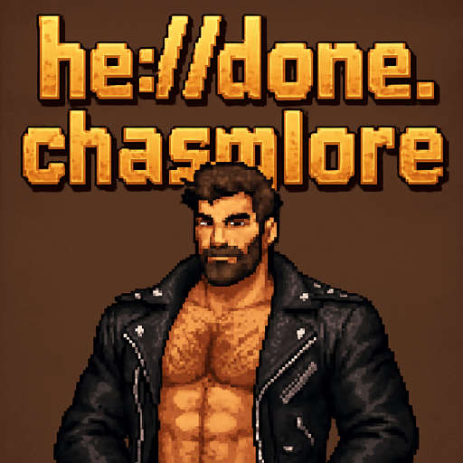 “he://done.ism 

uploaded: chasmlore” written out in black leather biker jacket shirtless hairy muscles hunks