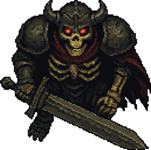“Top-down 2D pixel art of a massive armored skeleton warrior with glowing red eyes. He holds an enormous two-handed sword, dragging or raising it. The armor is dark, cracked, and ancient, with heavy pauldrons, a horned helmet, and a tattered cape. The skeleton’s bones are thick and yellowed, giving a monstrous undead presence. Viewed directly from above, designed as a boss enemy sprite in a dark fantasy pixel art game.”.
In-Game asset.  2d.  High contrast.  No shadows