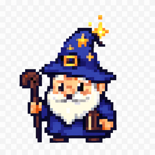 El mago debe ser un personaje pequeño y encantador, con una túnica azul oscuro o morada, un sombrero puntiagudo con estrellas o una hebilla dorada, barba blanca corta y ojos brillantes que transmitan sabiduría y simpatía; su cuerpo debe ser compacto y redondeado, estilo caricatura o pixel art, con detalles sencillos pero reconocibles como un bastón en la mano o un libro colgando; puede tener una animación sutil como parpadeo, movimiento de barba o chispa mágica en la punta del sombrero, y el fondo debe ser transparente para integrarse bien en un entorno colorido y fantástico.
In-Game asset.  2d.  High contrast.  No shadows
