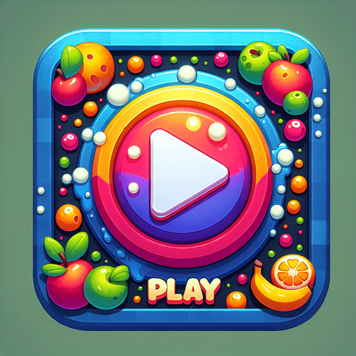"play" text written on the button fruits splash around the border.
Single Game Texture.  In-Game asset.  2d.  Blank background.  High contrast.  No shadows