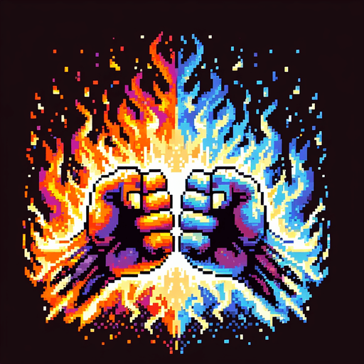 Text SUPER COMBO! Gradient, Fists In fire.
Single Game Texture. In-Game asset. 2d. Blank background. High contrast. No shadows, Detailed Pixel art style