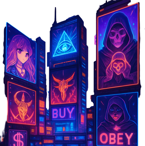 cyberpunk neon anime metropolis skyline holograms billboards, occult-capitalism-consumerism imagery nighttime futuristic architecture glow