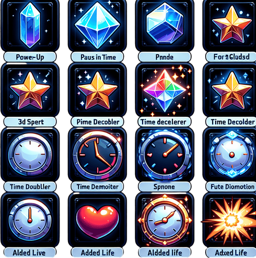 A set of vibrant, game-ready power-up icons designed for a fast-paced slicing game. The icons should have a glossy, high-quality 3D look with a slight glow effect. Each power-up represents a unique ability: a time freeze (ice crystal), a double points booster (golden star), a slow-motion effect (blue clock with a motion blur), an explosion (fiery bomb), and an extra life (red heart). The icons should be visually distinct and optimized for mobile gaming, rendered in 256x256 resolution with a transparent background.".
Single Game Texture.  In-Game asset.  2d.  Blank background.  High contrast.  No shadows