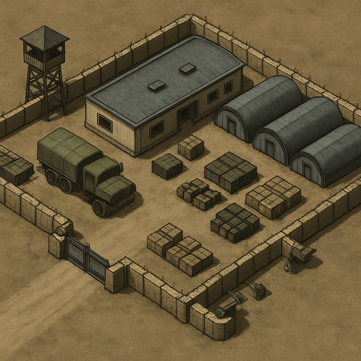 Askeri karakol, üstten görünüm, gerçekçi, yazısız.
In-Game asset.  High contrast.  No shadows