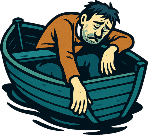 a boat and an exhausted man in it.
In-Game asset.  2d.  High contrast.  No shadows