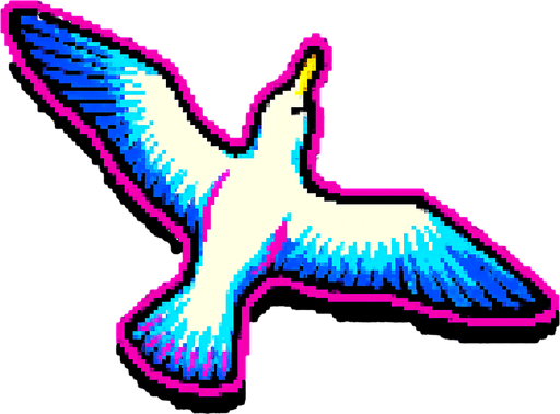 A seagull with wings spread straight out as if soaring. Top down view, looking down from above. 80s arcade machine graphics.
In-Game asset.  2d.  High contrast.  No shadows