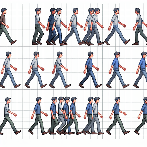 spritesheet of a person walking.
Single Game Texture. In-Game asset. 2d. Blank background. High contrast. No shadows.