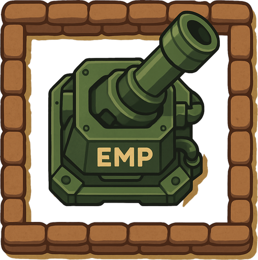 Top view of an Green defense Military tower large EMP mortar, in the desert, the image has a square border outlined by military defense Brown sandbags.
In-Game asset.  2d.  High contrast.  No shadows