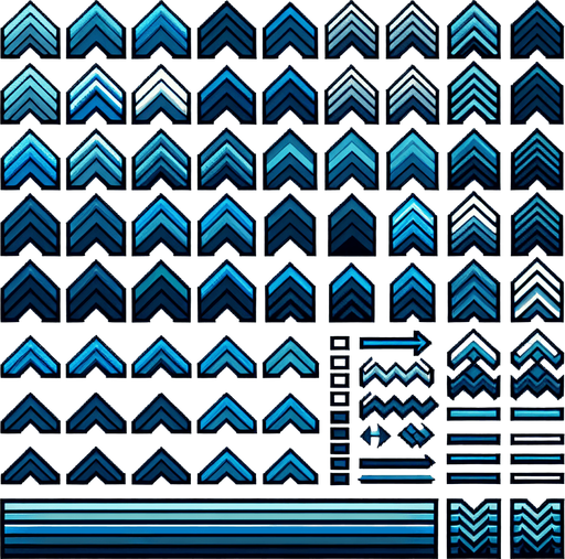 A sprite sheet of blue nested chevrons.
Single Game Texture. In-Game asset. 2d. Blank background. High contrast. No shadows.