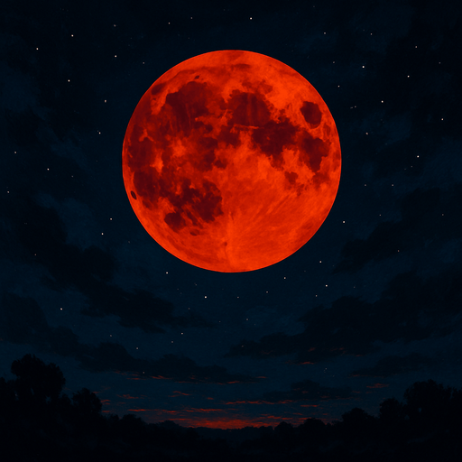 Luna roja sobre cielo nocturno, sin bordes y algo realista, que se aprecie el fondo.
In-Game asset.  2d.  High contrast.  No shadows