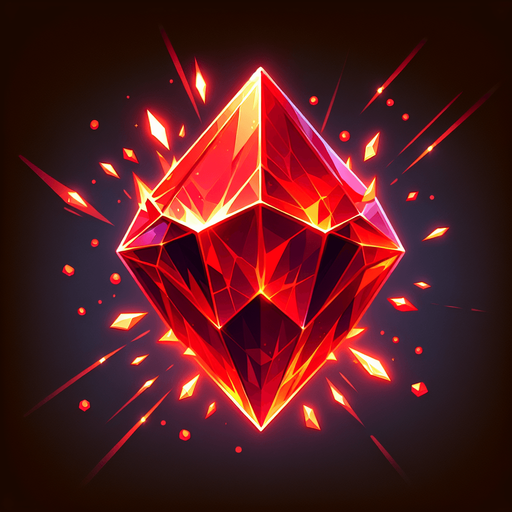 A sharp, faceted red crystal or gem shard glowing hotly..
Single Game Texture.  In-Game asset.  2d.  Blank background.  High contrast.  No shadows