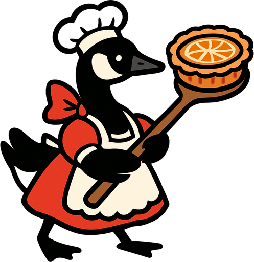 A Canadian Goose in maid chef outfit armed with spoon with tangerine pie on it.
In-Game asset.  2d.  High contrast.  No shadows