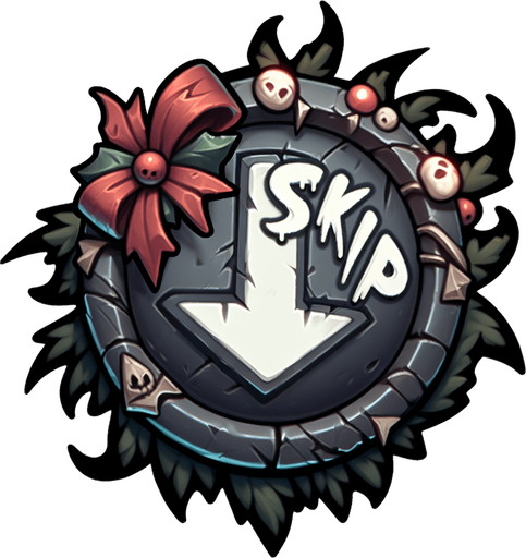 eerie christmas inspired  button as an arrow pointing right that says SKIP in a creepy font  png.
Single Game Texture. In-Game asset. 2d. Blank background. High contrast. No shadows.