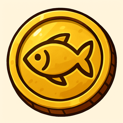 coin image üzerinde balık işareti olan bir madeni para altın renkte.
In-Game asset.  2d.  High contrast.  No shadows
