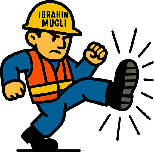 Üstünde ibrahim muğli yazan baretli işçi tekme atarken.
In-Game asset.  2d.  High contrast.  No shadows