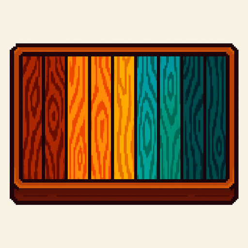 A long rectangular wooden cutting board counter with different colored laminated wooden strips. Top down view. 80s arcade machine graphics..
In-Game asset.  2d.  High contrast.  No shadows