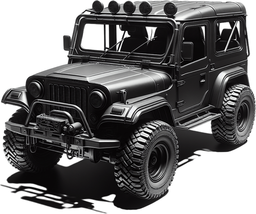 Mahindra thar 4×4 in black color and realistic.
Single Game Texture. In-Game asset. 2d. Blank background. High contrast. No shadows.