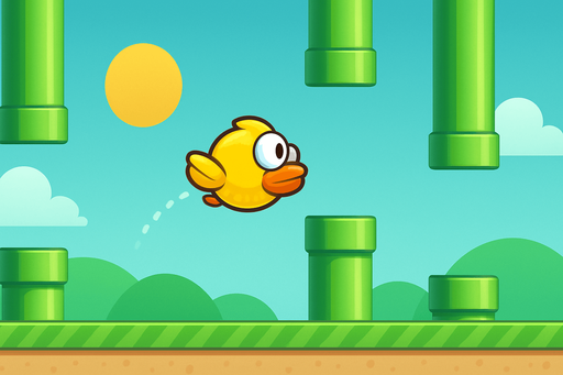 Fullscreen modern App Store landscape banner, 16:9, high definition, for a game titled "Flappy Bird: Tap to Fly" and with the description "Tap to keep the bird airborne and navigate through gaps in pipes. Avoid obstacles and see how far you can go!". No text on banner!