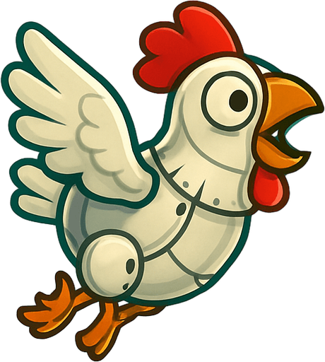Fullscreen modern App Store landscape banner, 16:9, high definition, for a game titled "Animatronic Chicken Flight" and with the description "Navigate an animatronic chicken through vertical obstacle courses by tapping to flap and fly through narrow gaps between top and bottom barriers.". No text on banner!