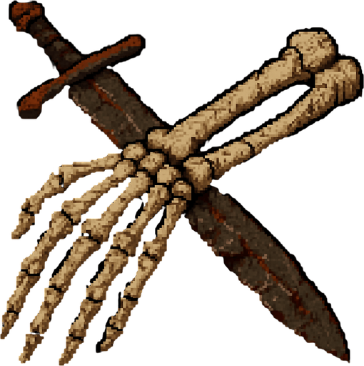 “Top-down 2D pixel art of a massive severed skeleton arm holding a giant sword. The bones are thick, cracked, and aged, with broken joints and shattered ends. The sword is still gripped tightly in the skeletal hand, rusted and chipped. Blood stains or dark magic aura may be present around the broken area. Designed as an environment object or game sprite for a dark fantasy pixel art game.”.
In-Game asset.  2d.  High contrast.  No shadows