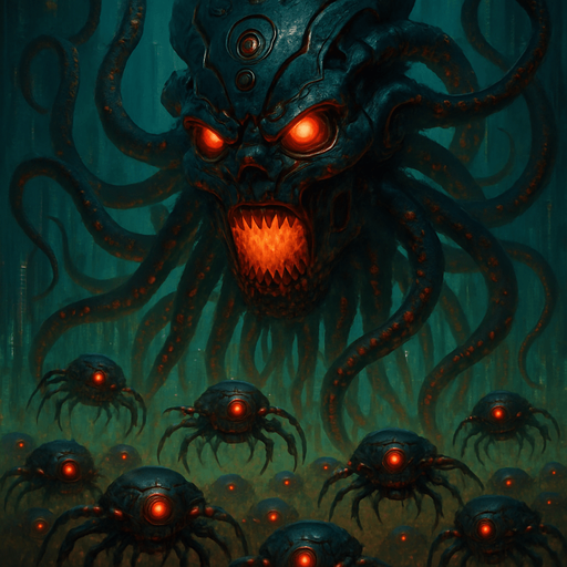 Giant head cyberpunk robot squid demon giant head tentacles behind matrix sentinels
