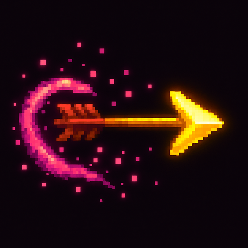 An icon of a glowing wooden arrow from a bow trailing pink particles. Pixel art..
In-Game asset.  2d.  High contrast.  No shadows