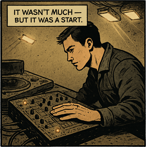 A comic panel styled like a square photo print with a clean white border. Realistic comic art. Scene: A dusty DJ booth, some lights flickering, the equipment old but intact. Noah places his hand on the mixer with a hint of reverence. Narrator box at the top reads: “It wasn’t much — but it was a start.”.
In-Game asset.  2d.  High contrast.  No shadows