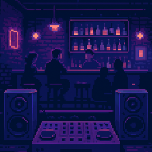A cozy pixel art bar interior viewed from the DJ's perspective. A dimly lit, moody atmosphere with purple and deep blue neon tones. Visible DJ desk with mixer and speakers in the foreground, blurred bar counter and patrons in the background. Small glowing lights, bottles on shelves, soft lighting, and retro vibes. Resolution: 2048x2732. No characters in front, focus on ambiance and depth..
In-Game asset.  2d.  High contrast.  No shadows