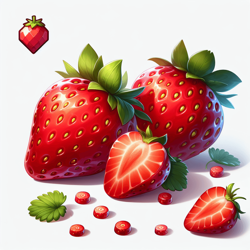 A couple of strawberries.
Single Game Texture. In-Game asset. 2d. Blank background. High contrast. No shadows.