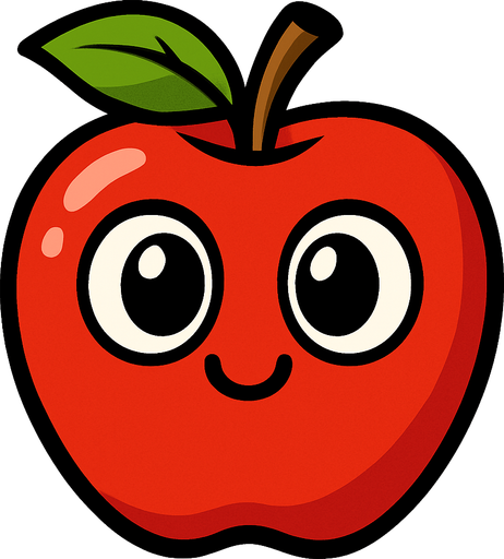 Manzana Fruta con ojos lindos.
In-Game asset.  2d.  High contrast.  No shadows. Cartoon.