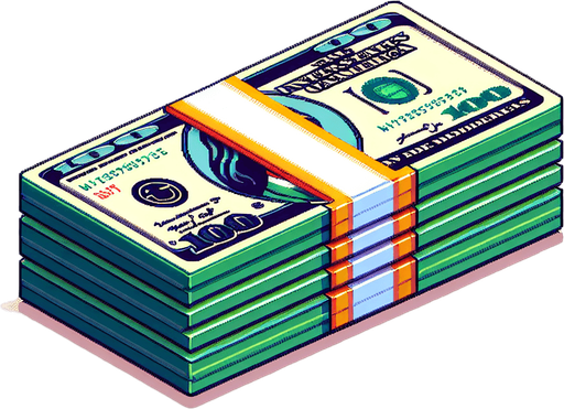 A stack of money.
Single Game Texture. In-Game asset. 2d. Blank background. High contrast. No shadows.