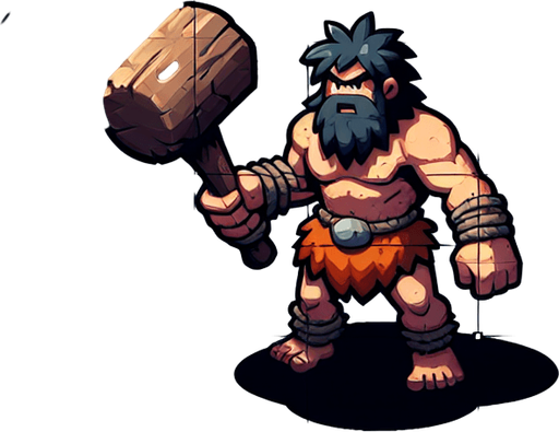 a caveman with a club, seen from above.
Single Game Texture. In-Game asset. 2d. Blank background. High contrast. No shadows.