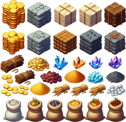 A neatly arranged collection of game resources for a strategy tycoon game. The set includes stacks of gold coins with shimmering highlights, bundles of wood tied with rope, piles of smooth gray stone blocks, shimmering crystal shards, and sacks overflowing with grains and food. Each resource has distinct, vibrant colors and semi-realistic textures, designed to be easily recognizable by players. The background is clean and neutral, ensuring the focus remains on the individual resource icons.
Single Game Texture.  In-Game asset.  2d.  Blank background.  High contrast.  No shadows