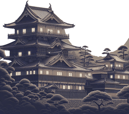 2d image. ancient meiji castle japan at night on full moon.
Single Game Texture.  In-Game asset.  2d.  Blank background.  High contrast.  No shadows. 2d image. full moon night. ancient temple meiji castle. surround of japanese forest