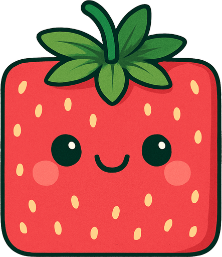 Perfectly square bright rose red stawberry with cute happyy face. Cartoon style. Cute art style. Simple vector style. 2d