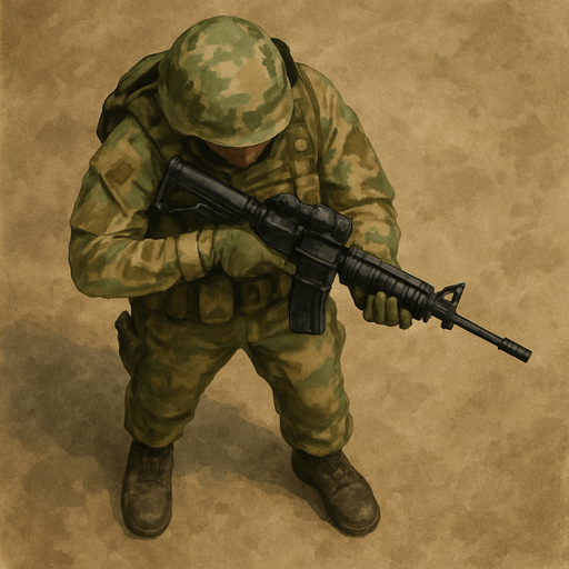 Army Soldier with gun. Topview.