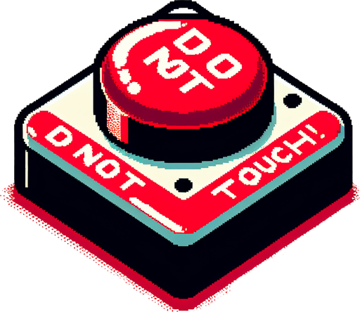 8-bit. cartoon. red button. do not touch! Single Game Texture. In-Game asset. 2d. Blank background. High contrast. No shadows.