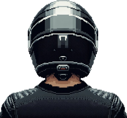 Directly overhead, plumb view of a man wearing a motorcycle helmet from the back (we see his back).
Zenith view, directly overhead, plumb view. NOT PERSPECTIVE!. Pixel art