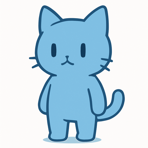 A simple blue cartoon cat standing upright, no accessories or effects, clean and minimal style, no musical notes or particles, not too stylish, designed as the main character for a rhythm game with a cold, minimal theme, light outlines and smooth shading, no background.
In-Game asset.  2d.  High contrast.  No shadows