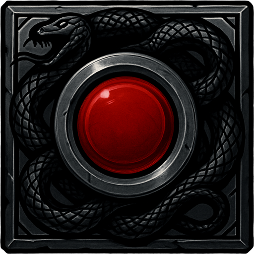 Metallic button frame, black snake patterns around, red middle of the button, metal gray frame.
In-Game asset.  2d.  High contrast.  No shadows