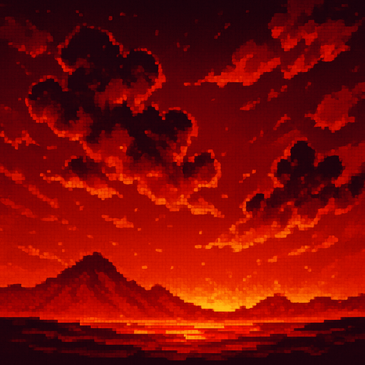 Volcanic sky, red-orange fiery clouds, lava glow effect, hot atmosphere, dramatic red gradient, 2D pixel art.
In-Game asset.  2d.  High contrast.  No shadows