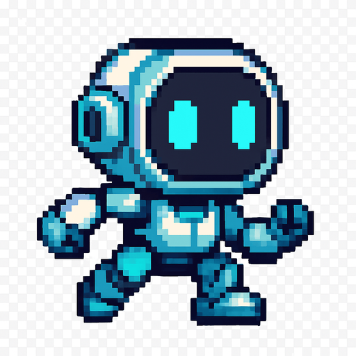 Crea un personaje que sea un robot pequeño y amigable.
Diseño estilo futurista pero tierno, como un asistente robótico.
Que parezca ágil y listo para esquivar bombas.
Estilo píxel art. Fondo transparente..
In-Game asset.  2d.  High contrast.  No shadows