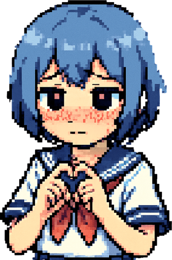 Stella is a sweet and very kawaii 15-year-old anime girl with short, soft blue-gray hair (HEX: #b0b9d8) and black eyes. She wears a traditional Japanese school uniform called a sailor fuku. Stella is extremely shy—she blushes easily, avoids eye contact, and often covers herself when she feels nervous. In this Pixel Art scene, she’s gently touching the tips of her index fingers together, a classic gesture of shyness seen in anime. Behind her is the courtyard of a Japanese middle school, completing the charming school setting..
In-Game asset.  2d.  High contrast.  No shadows