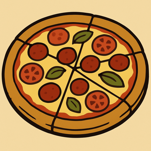 Pizza in professor Layton game style artwork.
In-Game asset.  2d.  High contrast.  No shadows