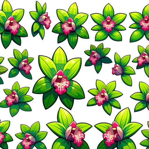 A sprite sheet of different green orchids with pink streaks seen from above. Cartoon. All similar size. Just the blossom. Bold colors and shading. 
Single Game Texture. In-Game asset. 2d. Blank background. High contrast. No shadows.