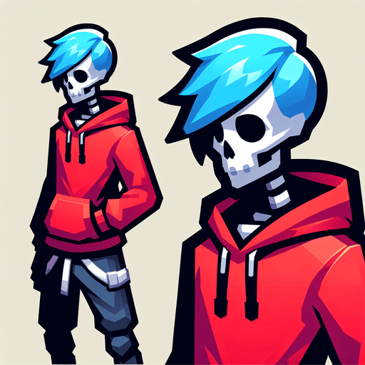 skeleton hair blu felpa rosso.
Single Game Texture.  In-Game asset.  2d.  Blank background.  High contrast.  No shadows