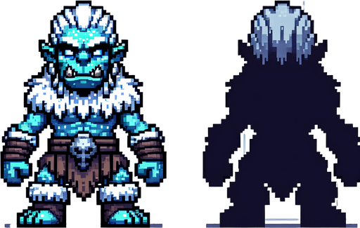 A frost orc enemy sprite. pixelart. front view. Single Game Texture. In-Game asset. 2d. Blank background. High contrast. No shadows.