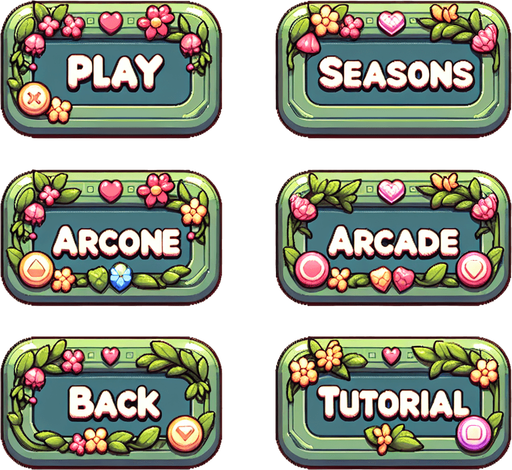 A sprite sheet with menu buttons for a game. Rectangular buttons say “Play” “Seasons” “Arcade” “Back” and “Tutorial”. Font should be stylized and include flowers on the edges. Vivid cartoon graphics. Color scheme should be greens with, pink and yellow. 
Single Game Texture. In-Game asset. 2d. Blank background. High contrast. No shadows.