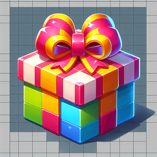 gift wrapped box, bright light colours. with bow on top Single Game Texture. In-Game asset. 2d. Blank background. High contrast. No shadows. Single Game Texture.