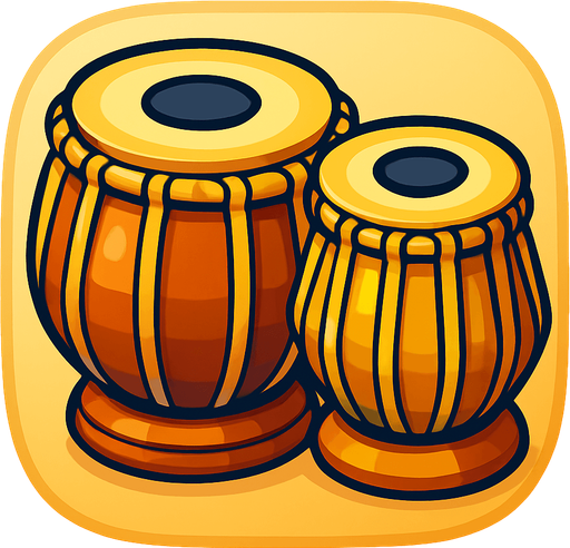 A colorful, cartoon-style illustration of a traditional Indian tabla drum set with two hand drums (bayan and dayan). Soft shadows, clean outline, slightly 3D style, transparent rounded background. Mobile game-friendly icon..
In-Game asset.  2d.  High contrast.  No shadows